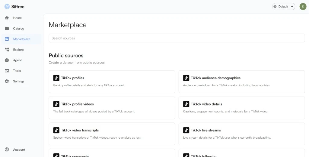 Siftree Marketplace screen with a source search box and public sources such as TikTok profiles, video transcripts, and audience demographics