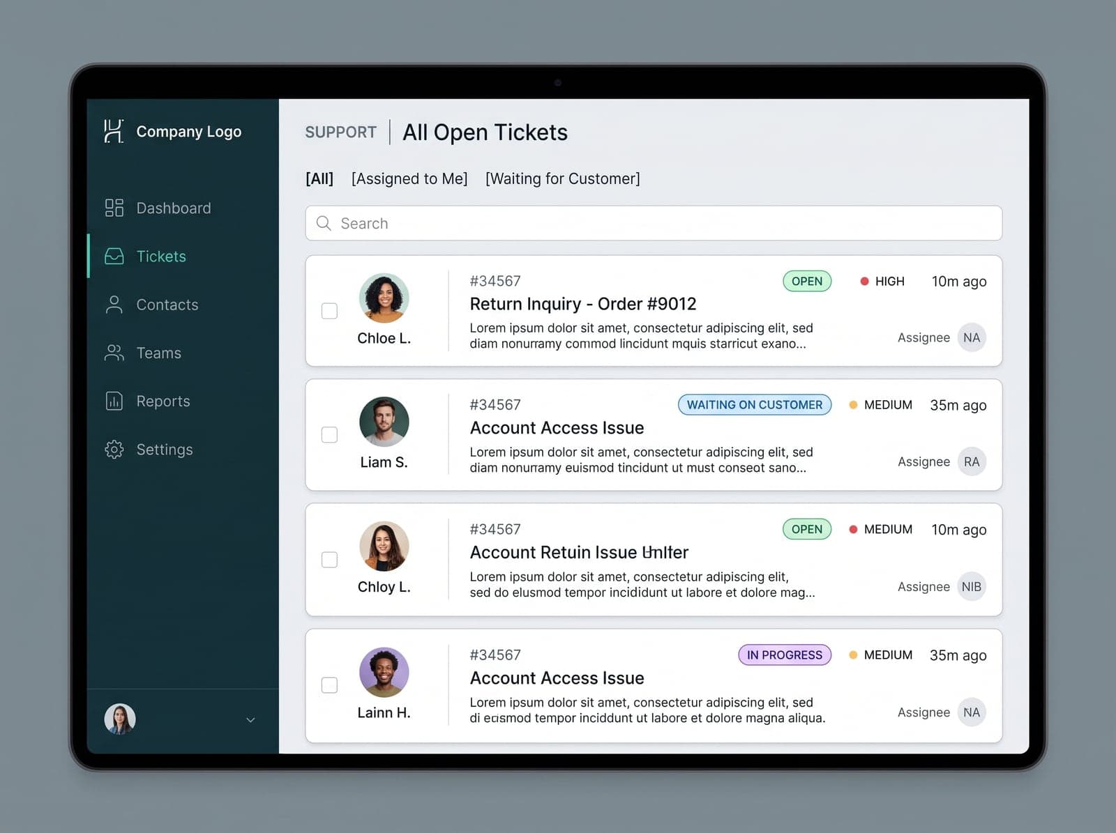 Support inbox of open customer tickets