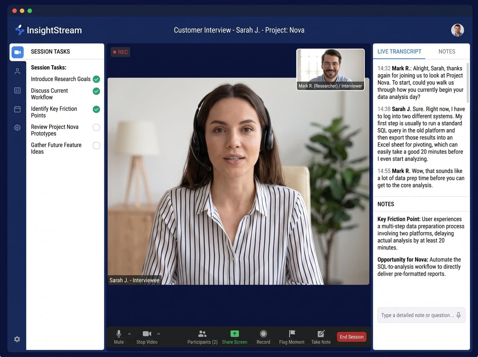 Customer interview with a live transcript for user research
